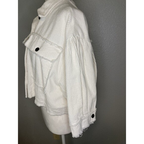 POL Jacket Womens M Ivory White Corduroy Raw Edge Cotton Trucker Puff Sleeve - Picture 3 of 11